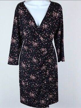 Ann Taylor Black Wrap Dress with Pink Confetti Print